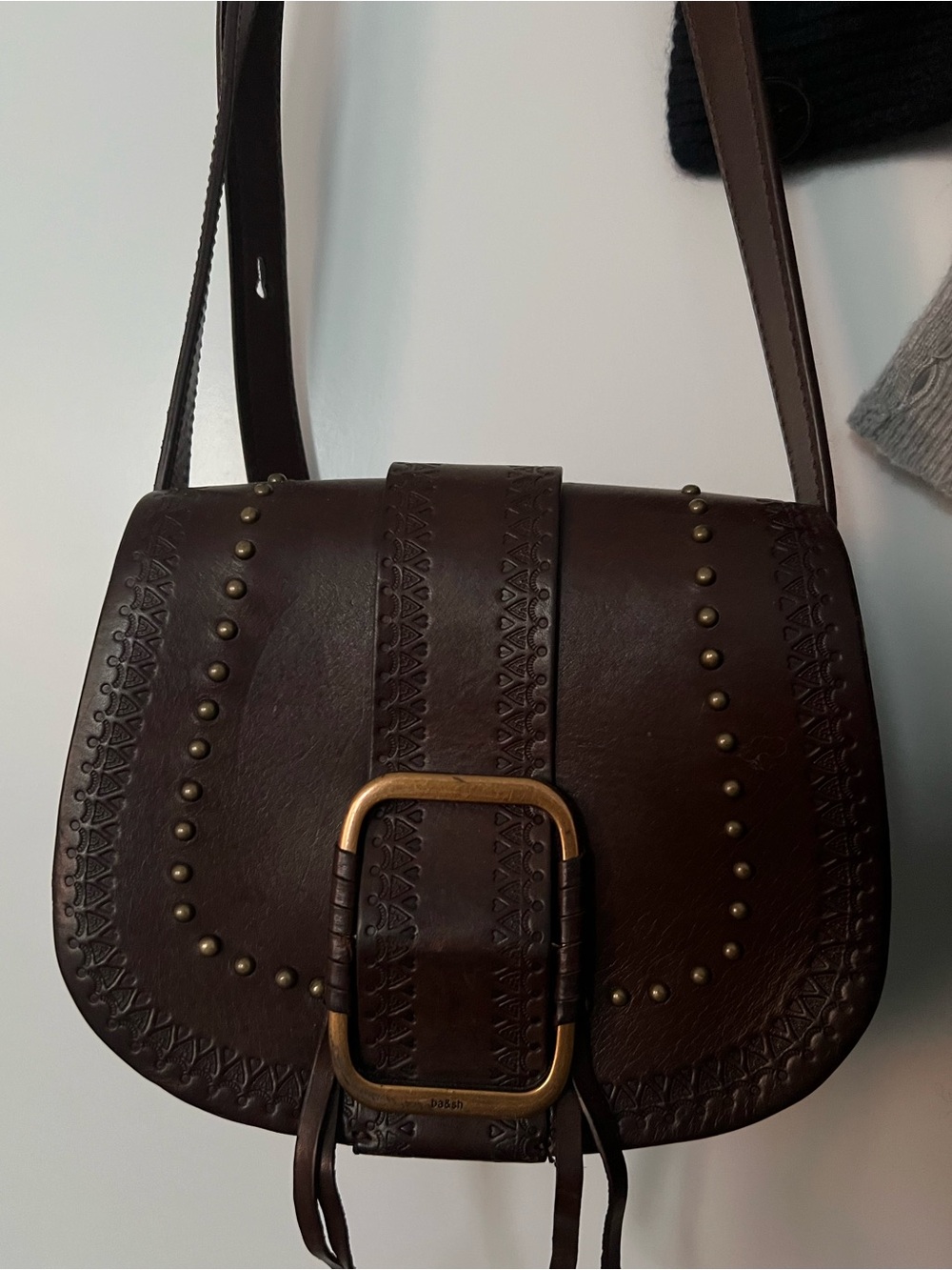 ba&sh Dark Brown Leather Crossbody Saddle Bag with Gold Buckle